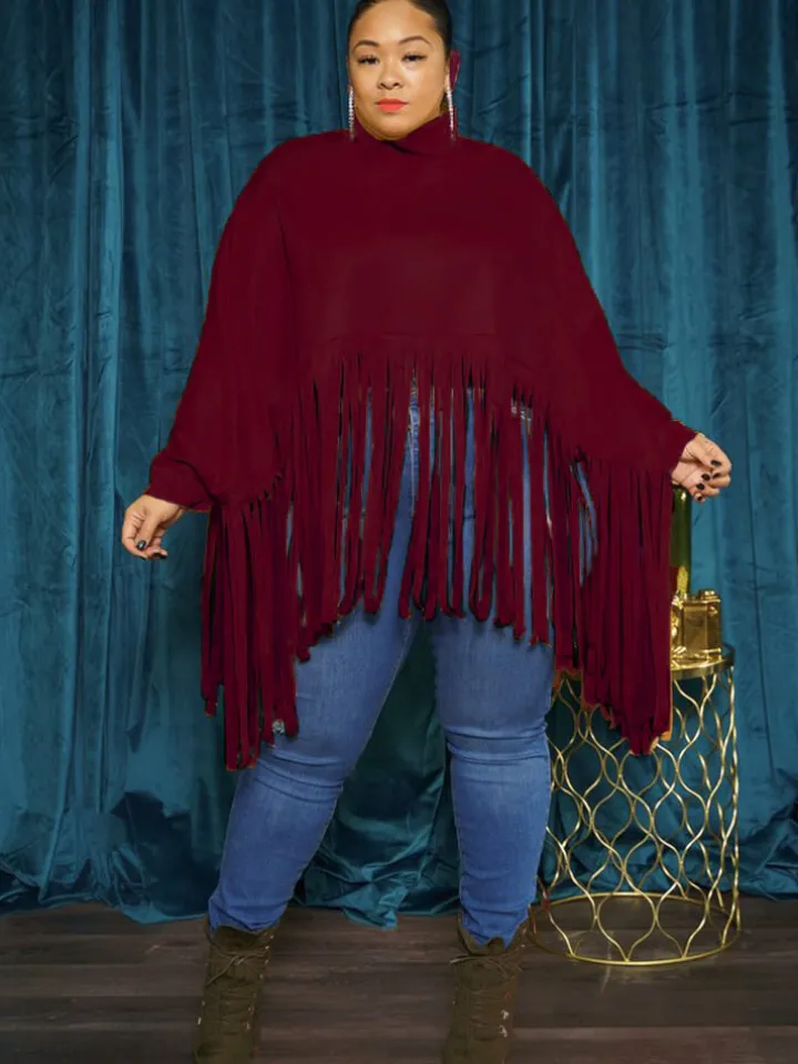Batwing Sleeve Zipper Tassel Ponchos Top