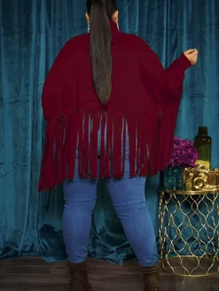 Batwing Sleeve Zipper Tassel Ponchos Top