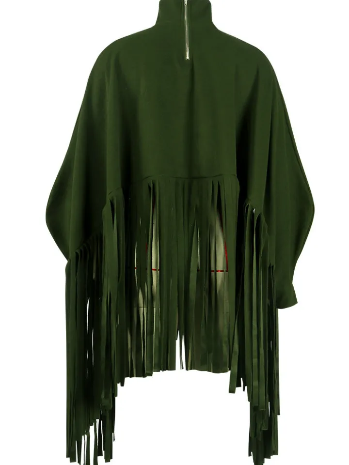 Batwing Sleeve Zipper Tassel Ponchos Top