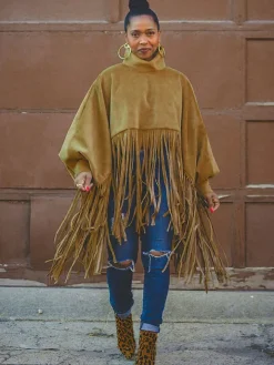 Batwing Sleeve Zipper Tassel Ponchos Top