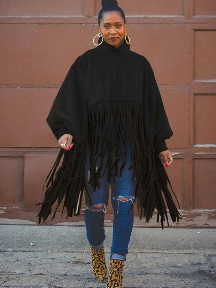 Batwing Sleeve Zipper Tassel Ponchos Top