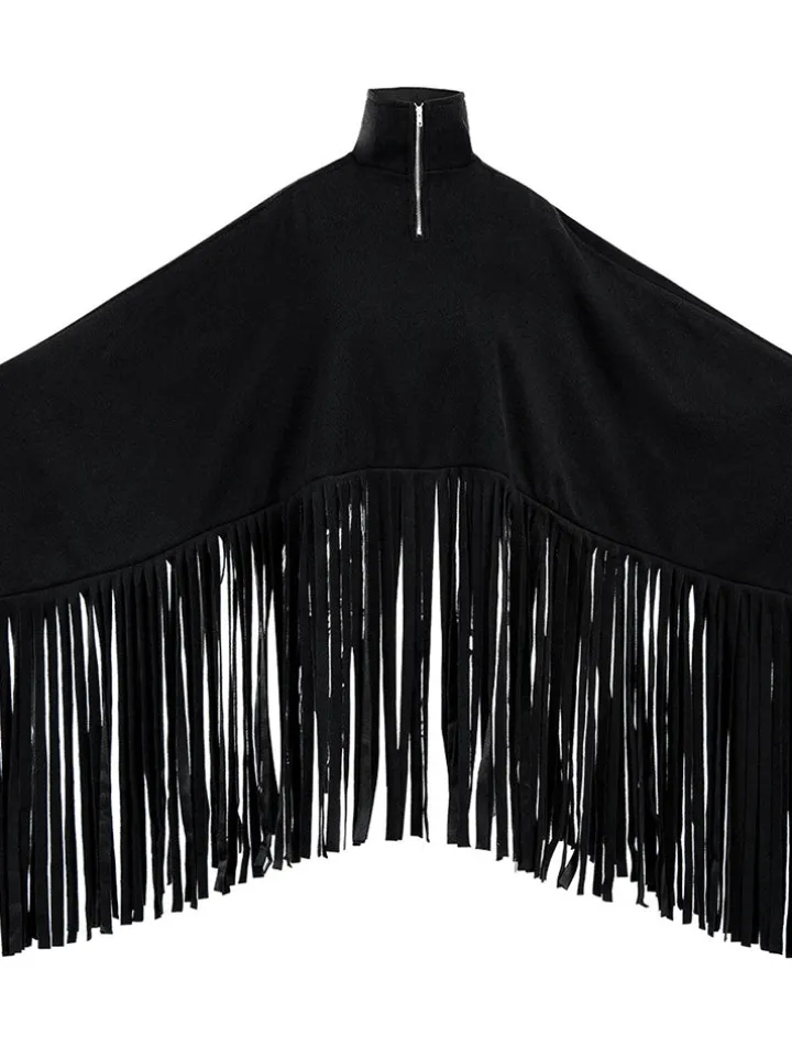 Batwing Sleeve Zipper Tassel Ponchos Top