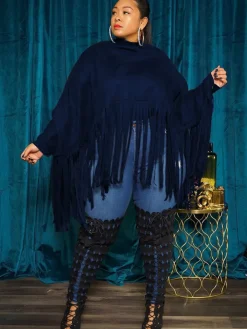 Batwing Sleeve Zipper Tassel Ponchos Top