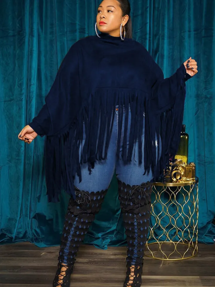 Batwing Sleeve Zipper Tassel Ponchos Top