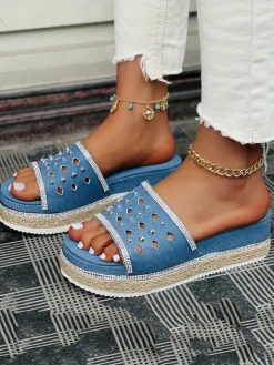 Beaded Denim Platform Slide