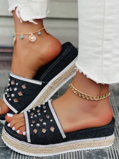 Beaded Denim Platform Slide