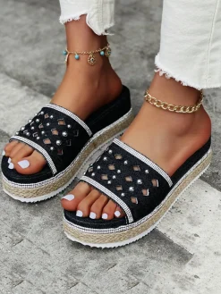 Beaded Denim Platform Slide