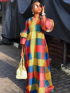 Bell Sleeves Color Block Maxi Dress