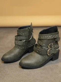 Belt Buckle Thick Heel PU Bootsies