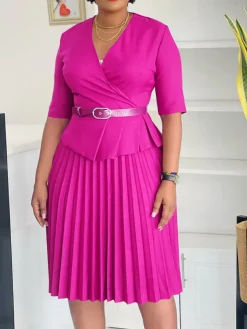 Belted Blazer Pleated Midi Dress