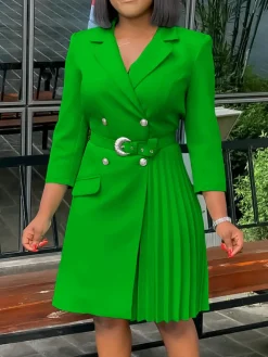 Belted Blazer Pleated Midi Dress