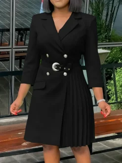 Belted Blazer Pleated Midi Dress