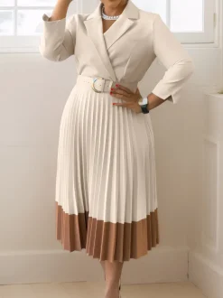 Belted Color-Block Pleated Blazer Midi Dress
