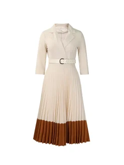 Belted Color-Block Pleated Blazer Midi Dress