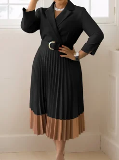 Belted Color-Block Pleated Blazer Midi Dress