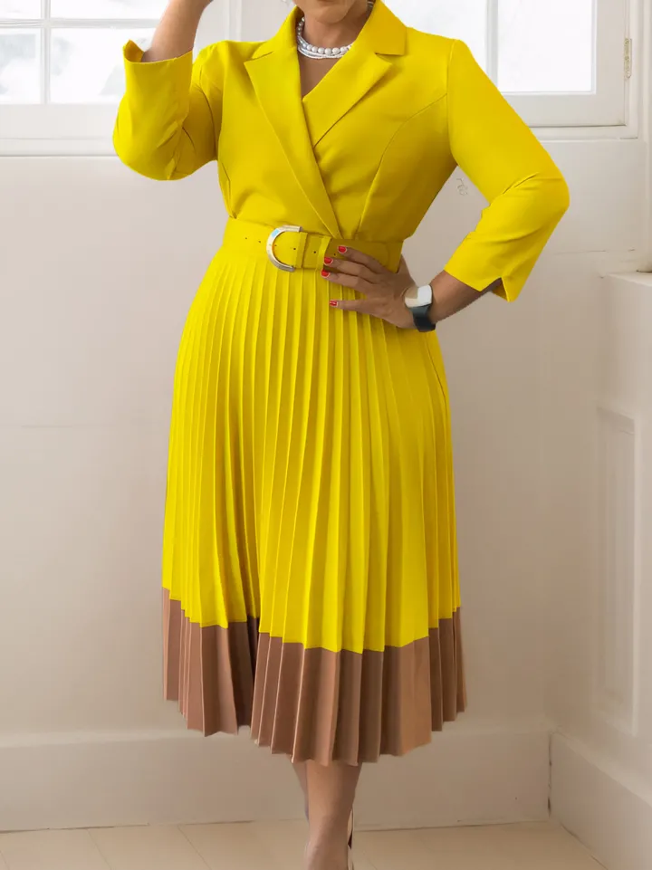 Belted Color-Block Pleated Blazer Midi Dress