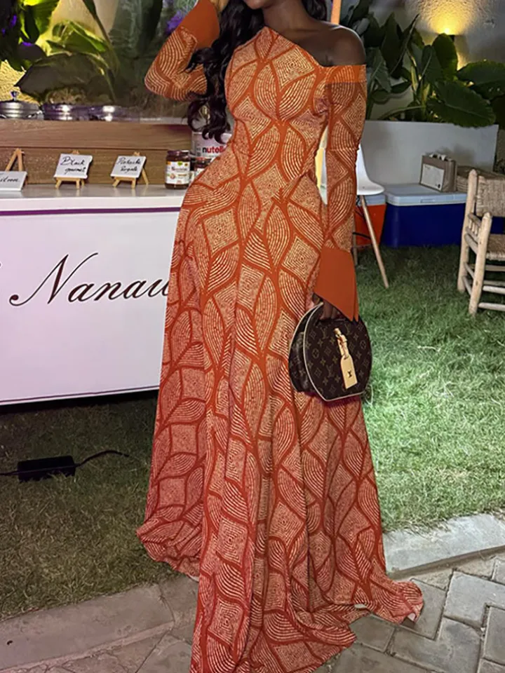 Boho Asymmetric Neck Geometric Maxi Dress