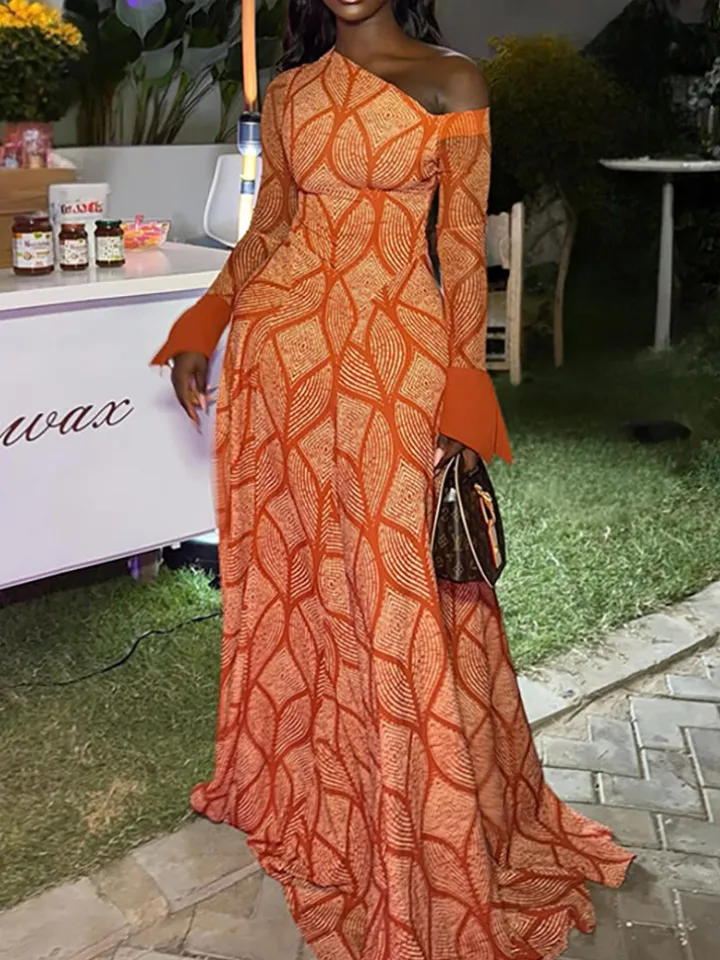 Boho Asymmetric Neck Geometric Maxi Dress