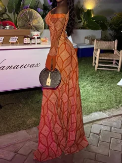 Boho Asymmetric Neck Geometric Maxi Dress