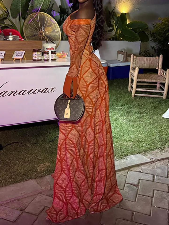 Boho Asymmetric Neck Geometric Maxi Dress