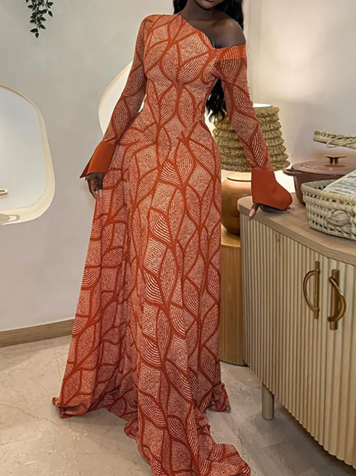 Boho Asymmetric Neck Geometric Maxi Dress