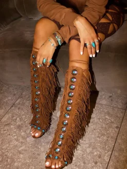 Boho Gemstone Lace-Up Fringe Heeled Sandals