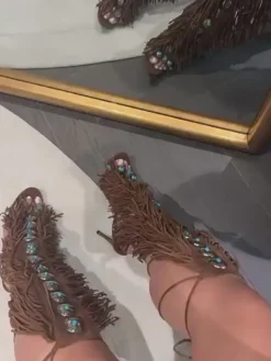 Boho Gemstone Lace-Up Fringe Heeled Sandals