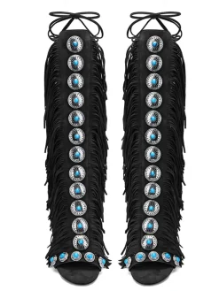 Boho Gemstone Lace-Up Fringe Heeled Sandals