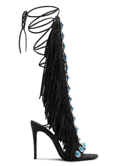 Boho Gemstone Lace-Up Fringe Heeled Sandals