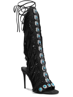 Boho Gemstone Lace-Up Fringe Heeled Sandals