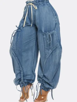 Bow Tie Elastic Waist Loose Jeans