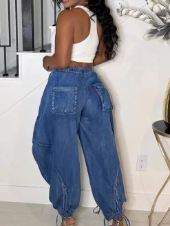 Bow Tie Elastic Waist Loose Jeans