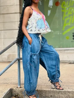 Bow Tie Elastic Waist Loose Jeans