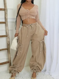 Bow Tie Elastic Waist Loose Jeans