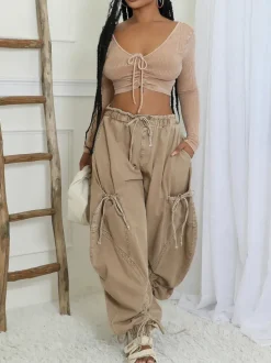 Bow Tie Elastic Waist Loose Jeans