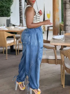 Bow Tie Elastic Waist Loose Jeans