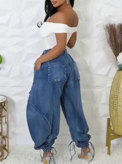 Bow Tie Elastic Waist Loose Jeans