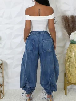 Bow Tie Elastic Waist Loose Jeans