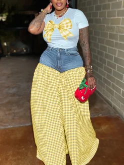 Bow Tie Print Top Denim Plaid Wide-Leg Pants Sets