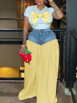 Bow Tie Print Top Denim Plaid Wide-Leg Pants Sets
