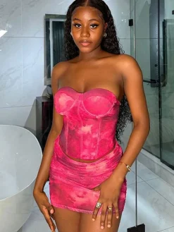 Bustier Crop Top Printed Mini Skirt Set