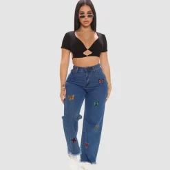 Butterfly Embroidered Wide Leg Jeans