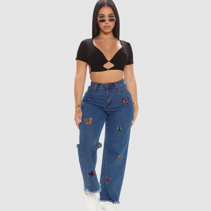 Butterfly Embroidered Wide Leg Jeans