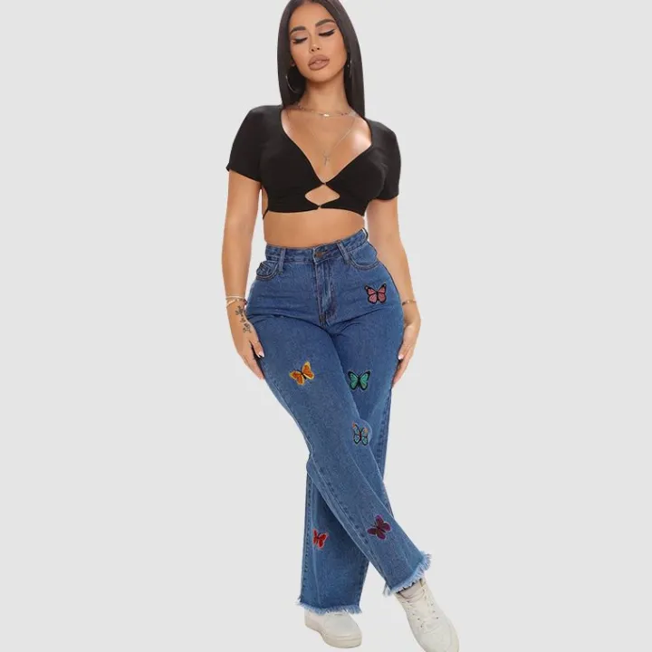 Butterfly Embroidered Wide Leg Jeans