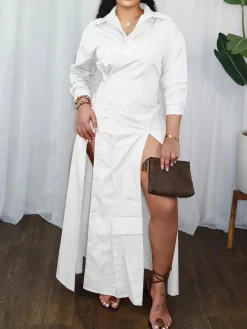 Button-Down Slit Maxi Shirt Dress
