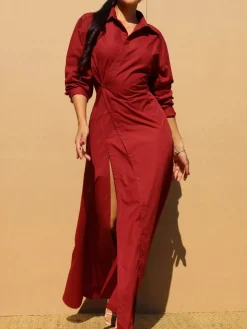 Button-Down Slit Maxi Shirt Dress