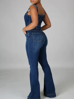 Button-Up Flared Denim Jumpsuit