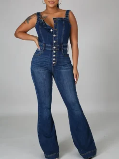 Button-Up Flared Denim Jumpsuit