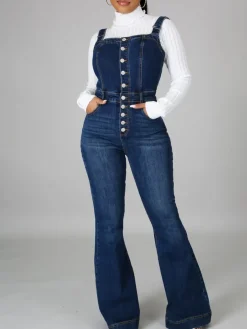 Button-Up Flared Denim Jumpsuit