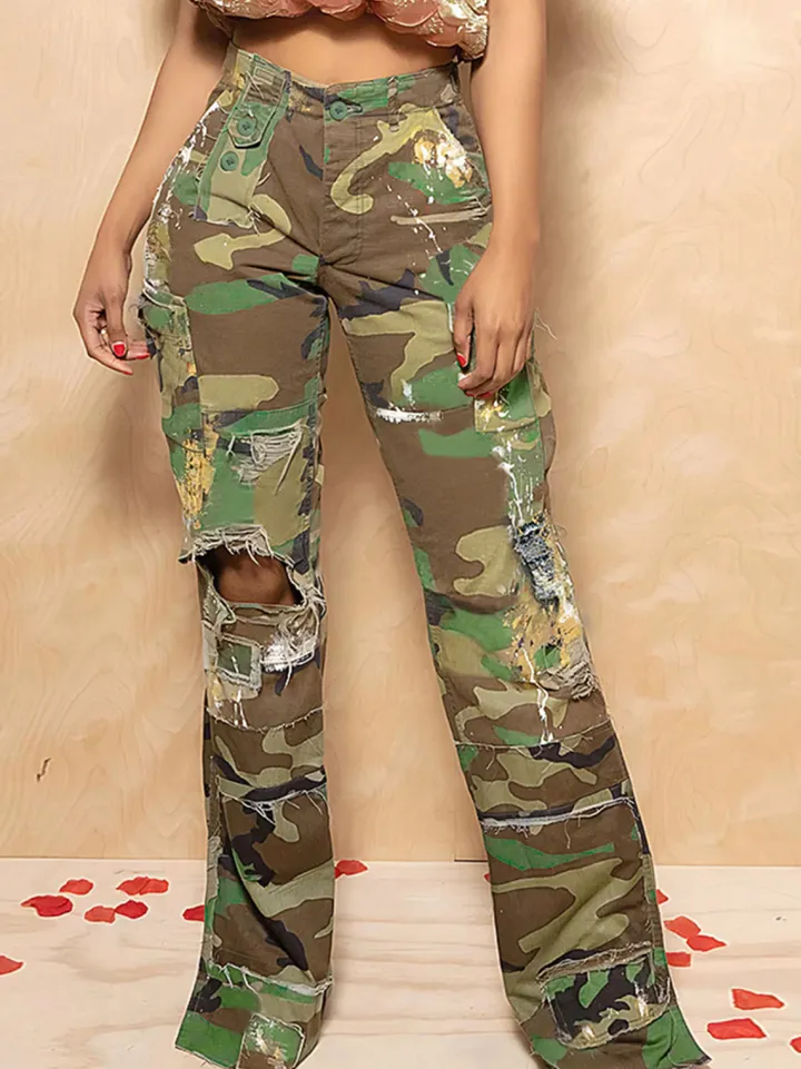 Camouflage Distressed Cargo Pants